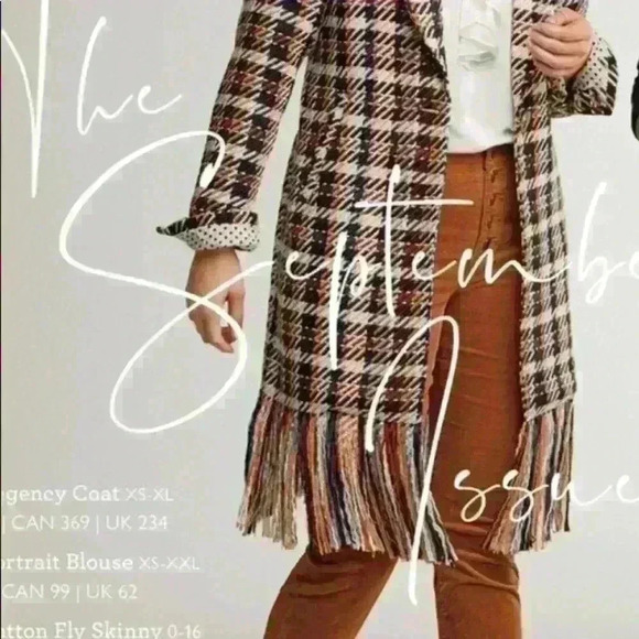 Cabi Regency oversized coat rust navy plaid fringe trim brass look buttons - Picture 2 of 9